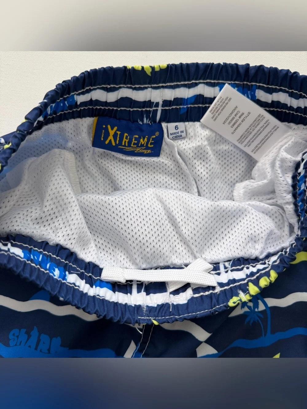 XTREME Navy Shark & Palm Print Swim Shorts with Lime Accents Size 6 Boys